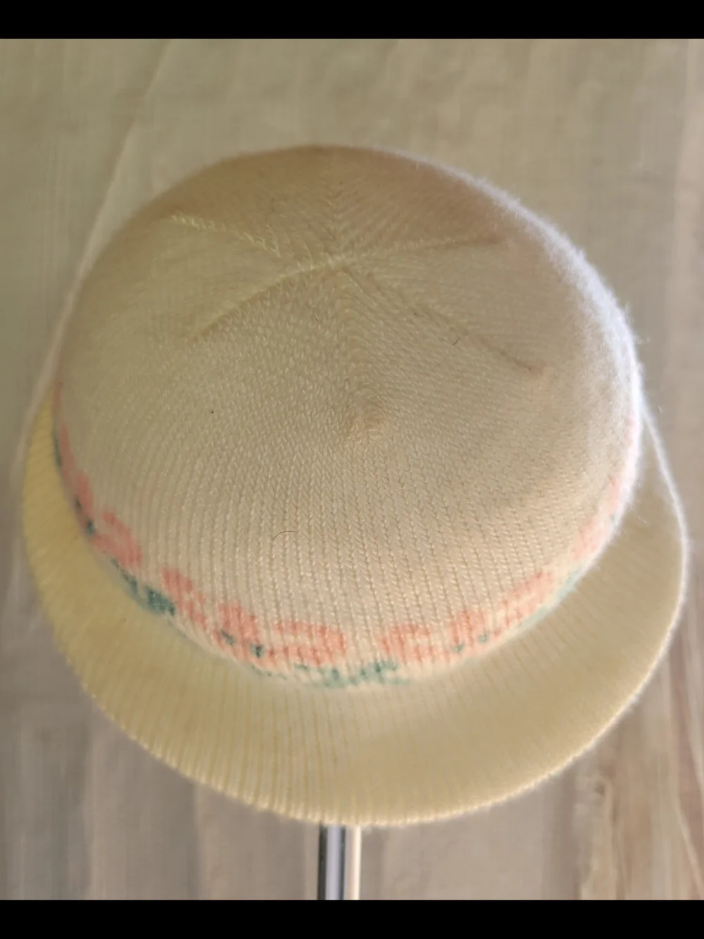 Vintage Kids Cream Knit Beanie with Pastel Pink & Green Detail